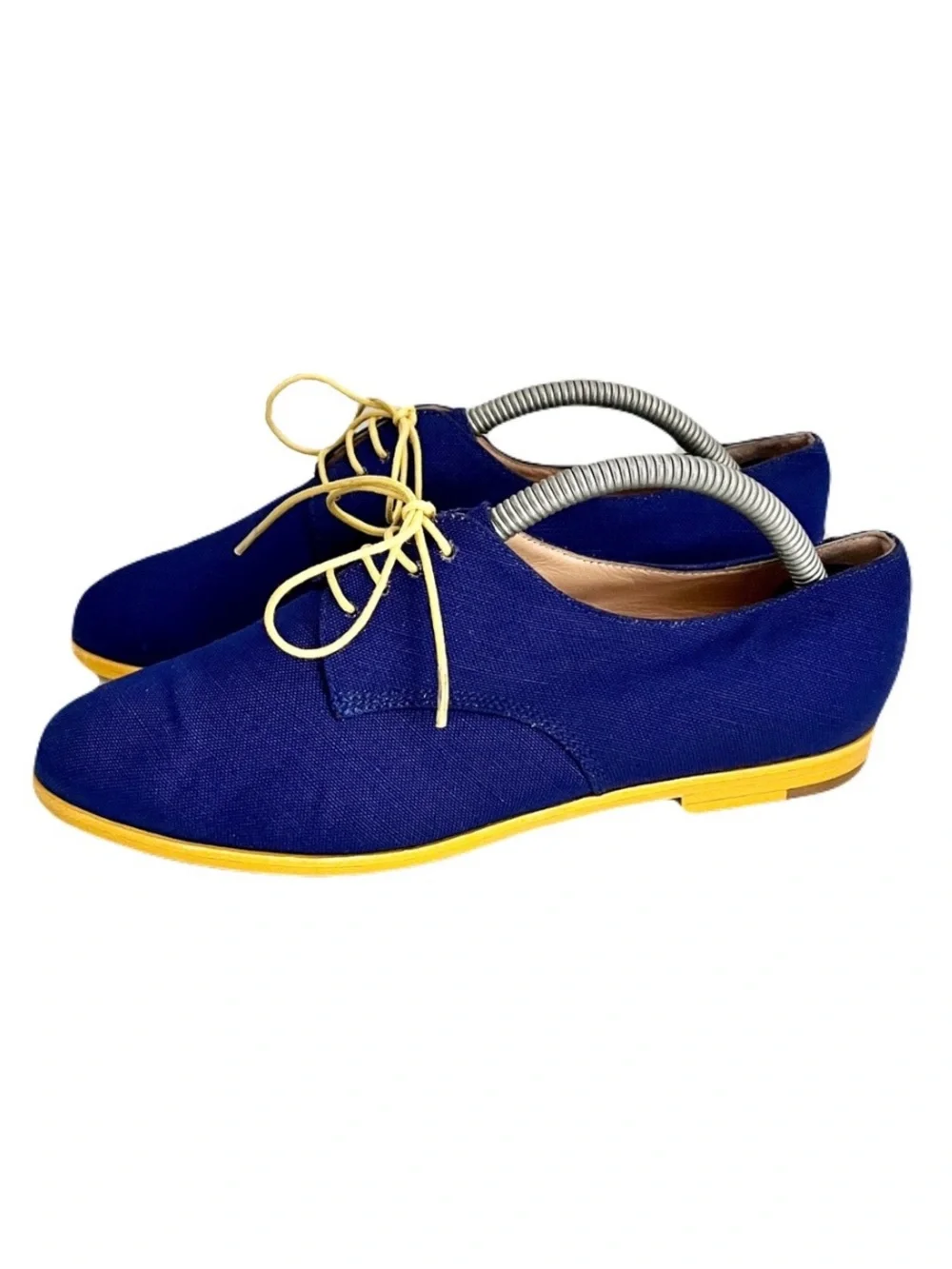 Manolo Blahnik Cobalt Blue Linen Yellow Lace Up Oxford Flats, Size 37.5